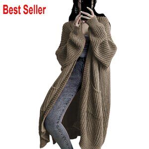 Oversized Chunky Knit Cardigan Duster Sweater Coat Open Front Pockets